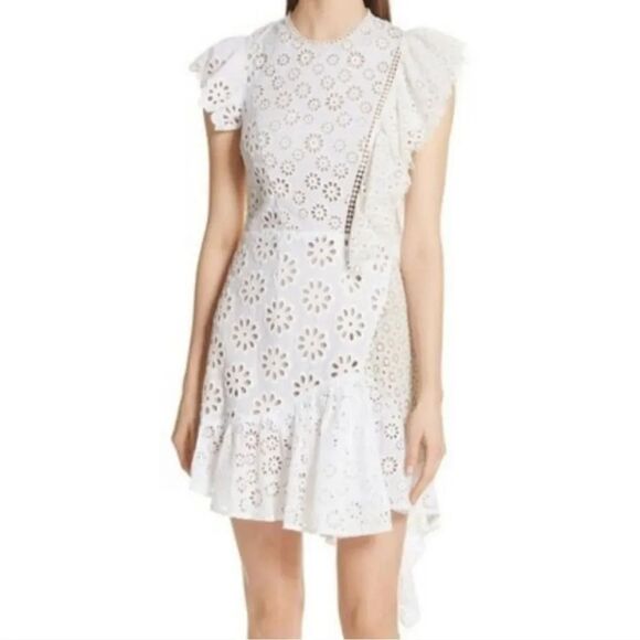 Sea New York Embroidered Eyelet Asymmetrical Lace Up Edie Dress in White Size 10 - Picture 2 of 12